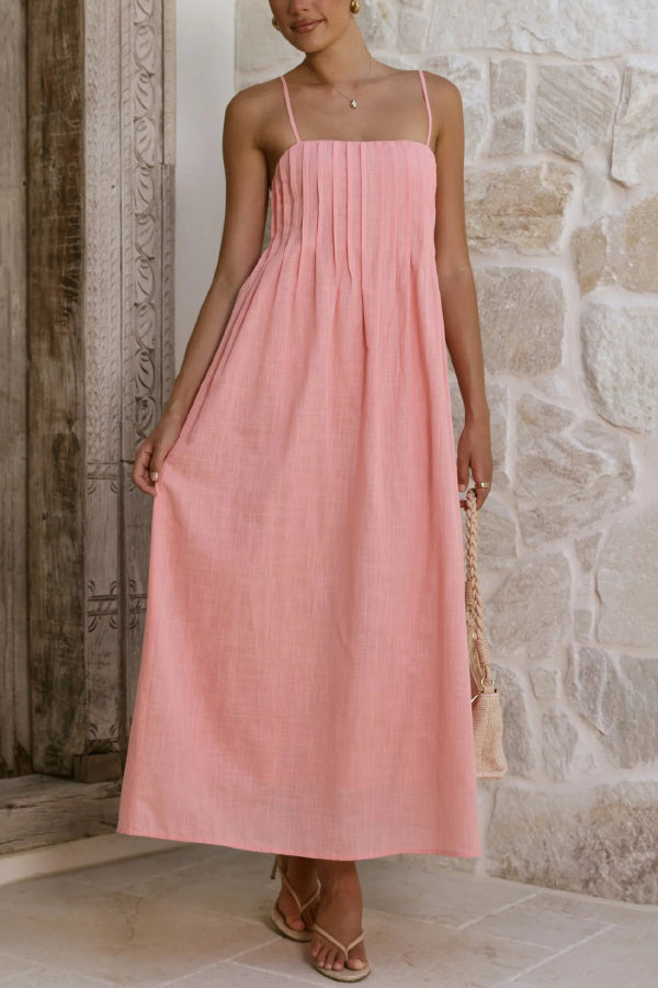 Solid Color Pleated Square Neck Suspender Casual Midi Dress