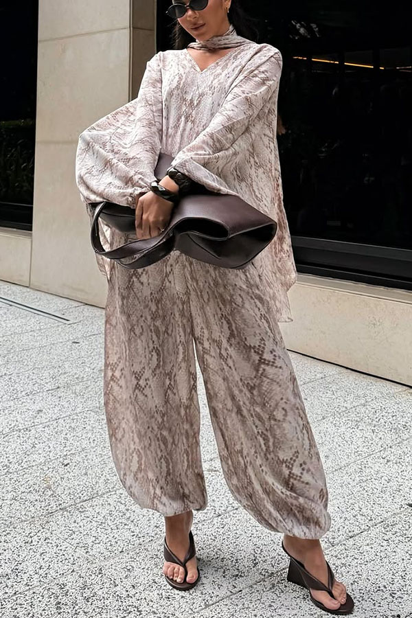 Gerrie Animal Print Batwing Sleeve Tie-up Shirt and Elastic Waist Pocket Loose Bloomers Pants Set