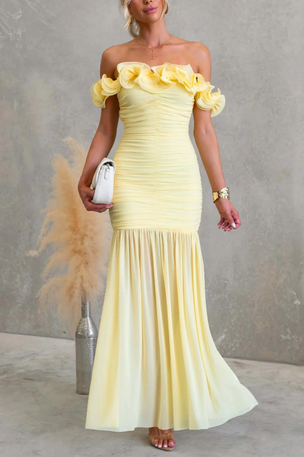 Solid Color Off-shoulder Pleated Backless Slim-fit Elegant Mesh Maxi Dress