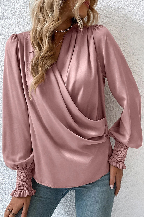 Satin Solid Color V-neck Lantern Sleeve Elegant Loose Shirt-consonak