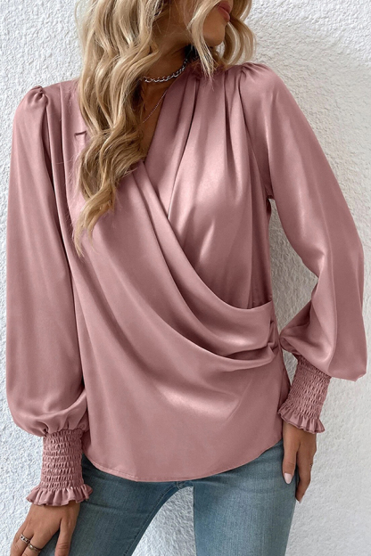 Satin Solid Color V-neck Lantern Sleeve Elegant Loose Shirt-consonak