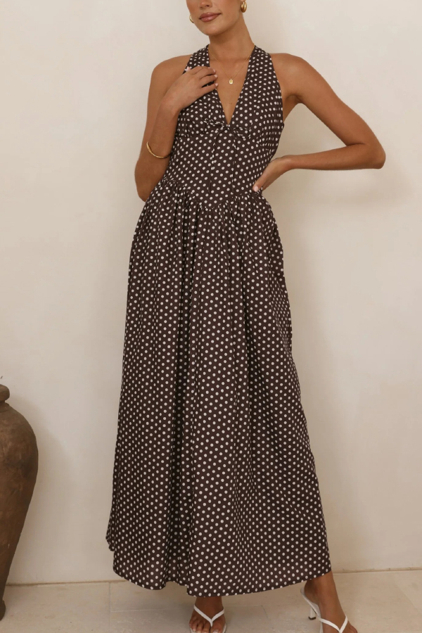 Polka Dot Print Halter Neck Fitted Waist Holiday Maxi Dress-consonak