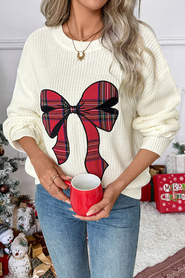 Christmas Plaid Bowknot Round Neck Long Sleeve Loose Knitted Sweater-consonak