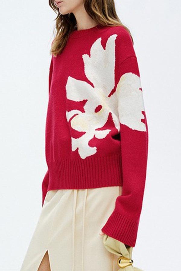 Fashionable Color-blocked Floral Loose Long-sleeved Knit Sweater-consonak
