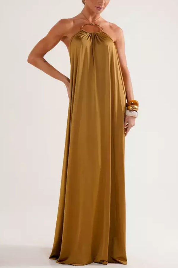 Ocean Goddess Metal Circular Chain Halter Backless Vacation A-line Maxi Dress-consonak