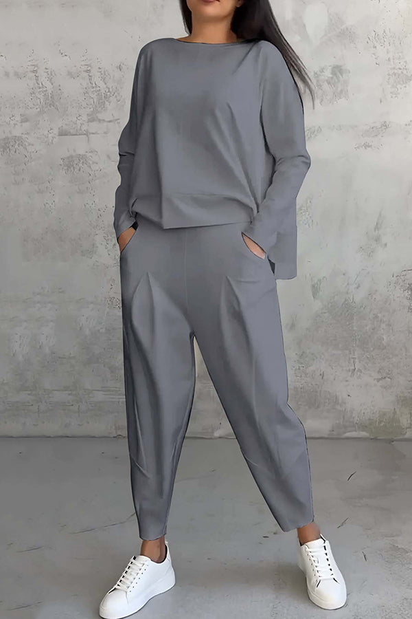 Solid Color Crew Neck Long-sleeved Irregular Loose Top and Elastic Waist Pocket Casual Pants Set-consonak