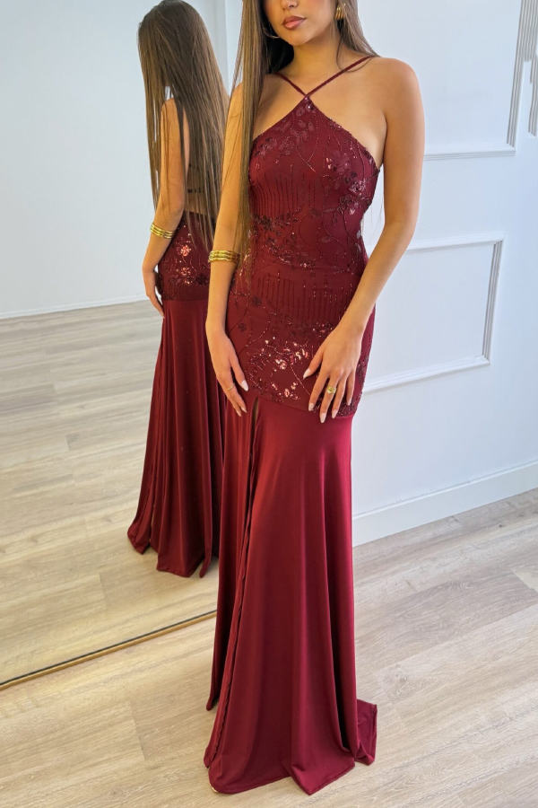 Fashionable Sequined Halter Neck Elegant Slim-fit Slit Maxi Dress-consonak