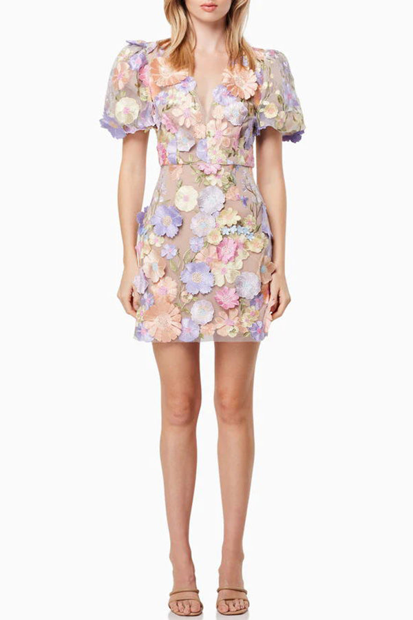Garden Gala Embroidered Floral Applique Puff Sleeve Mini Dress | Consonak