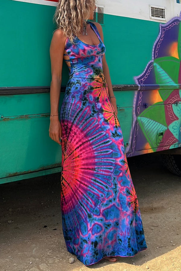 La Bamba Tie-dye Print Back Lace-up Stretch Maxi Dress-consonak