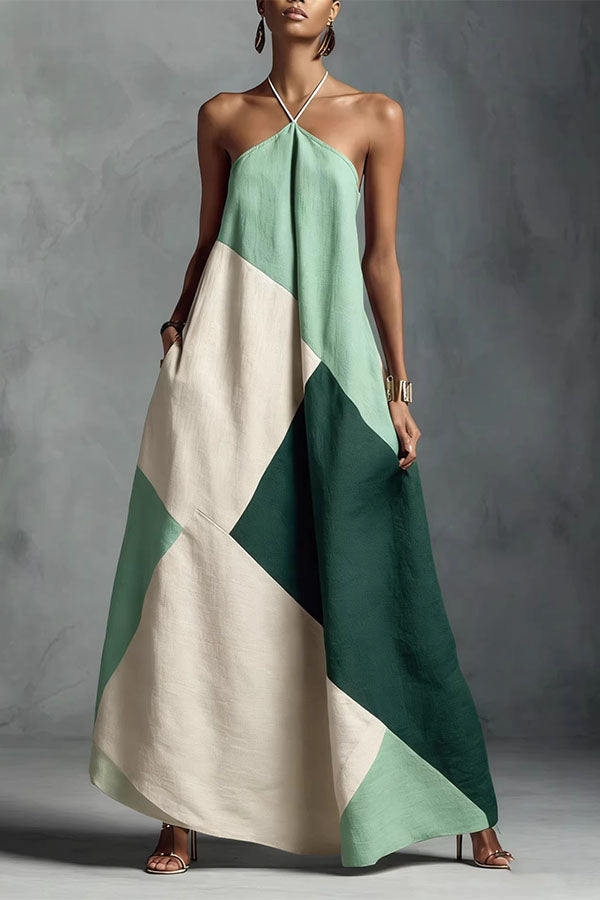 Tuscan Sun Geometric Patchwork Halter Dress-Consonak