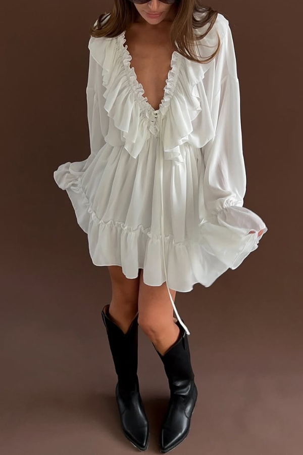 Solid Color V-neck Ruffled Ruched Long-sleeved Vacation Mini Dress | Consonak