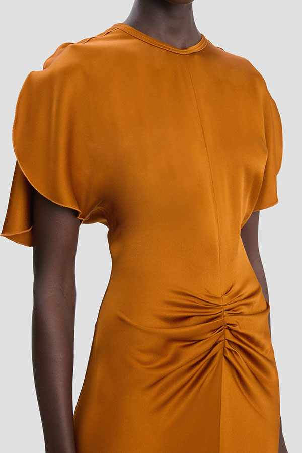 Isabella Satin Short Sleeve Ruched Waist V-shape Back Gown Maxi Dress-consonak