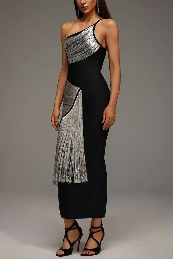 Roanna One Shoulder Sleeveless Glossy Tassels Bandage Maxi Dres