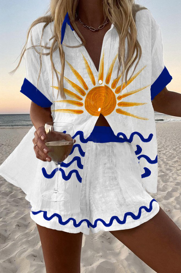 Sunrise Print Loose Button Elastic Waist Shorts Set-consonak