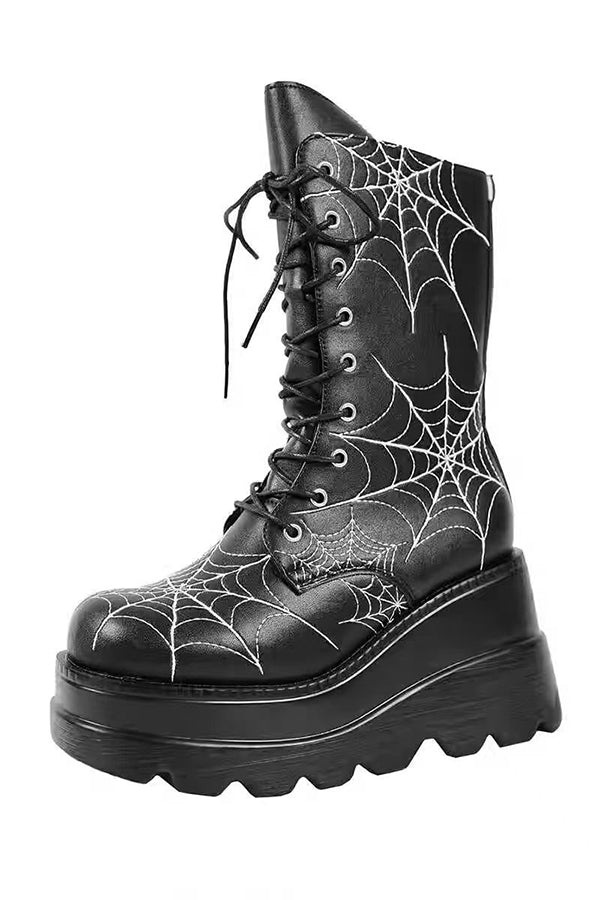 Platform Ankle Boots with A Spiderweb Pattern-Consonak