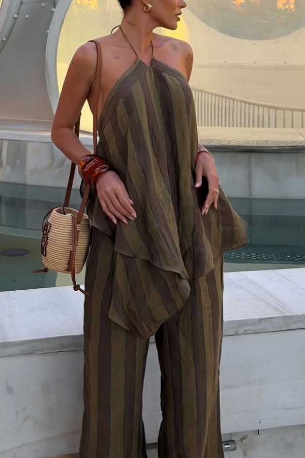 Striped Printed Halter Neck Sleeveless Asymmetrical Top and Elastic Waist Pocket Casual Wide-leg Pants Set