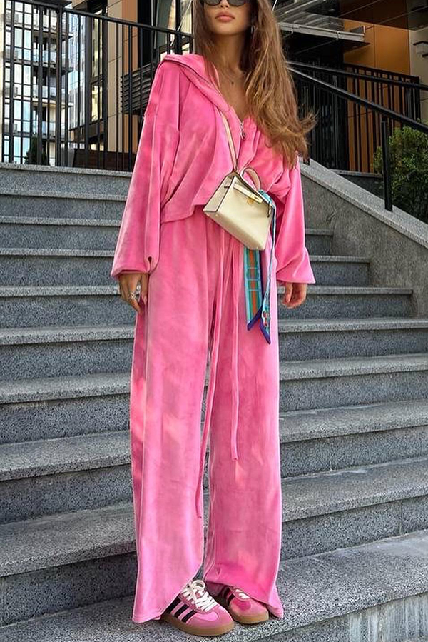 Velvet Casual Zip-up Hooded Top and Elastic Waist Wide Leg Pants Set-consonak