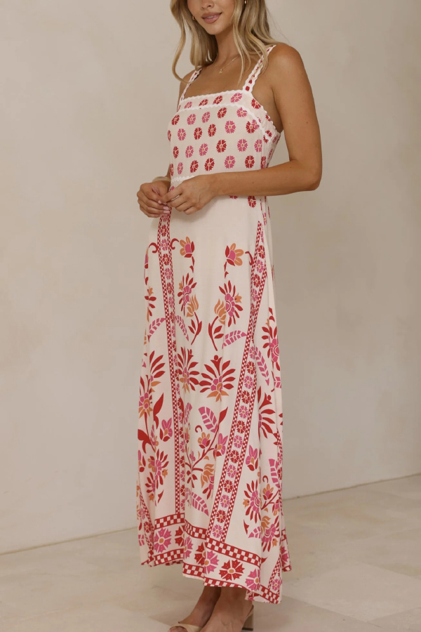 Floral Print Sleeveless Square Neck Casual Vacation Maxi Dress-consonak