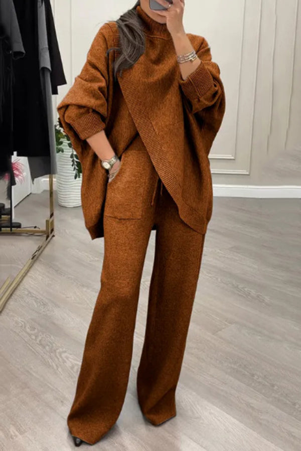 Solid Color Loose-fitting Turtleneck Knit Top and Elastic Waist Casual Pocket Straight Leg Pants-Consonak