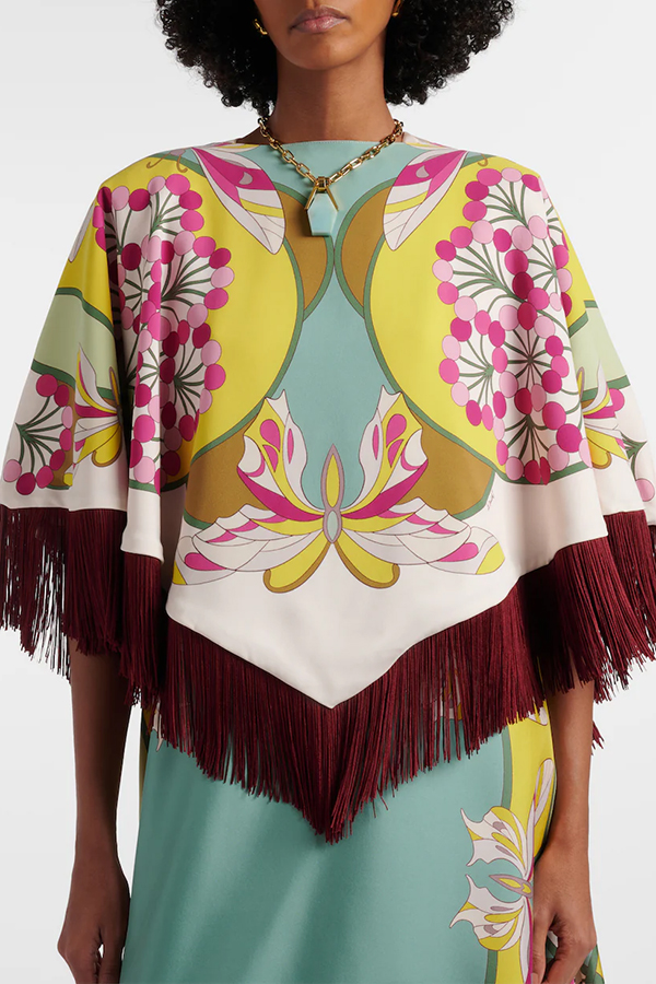 Boho Ethnic-style Floral Pattern Tassel Trim Loose Cape Top-consonak