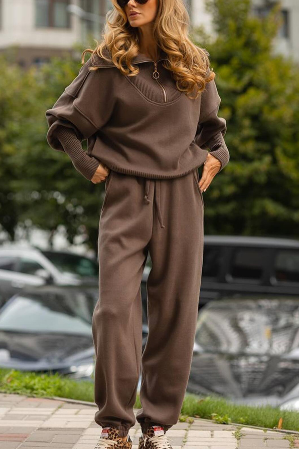 Solid Color Long-sleeved Zip-up Sweatshirt and Elastic Waist Loose Pocket Pants Set-consonak