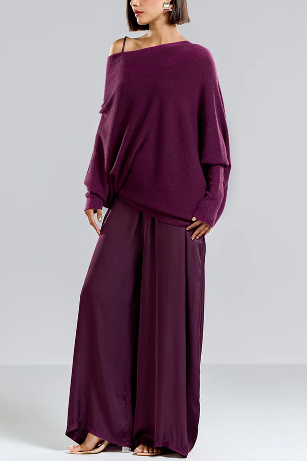Solid Color Round Neck Long Sleeve Loose Knitted Sweater-consonak