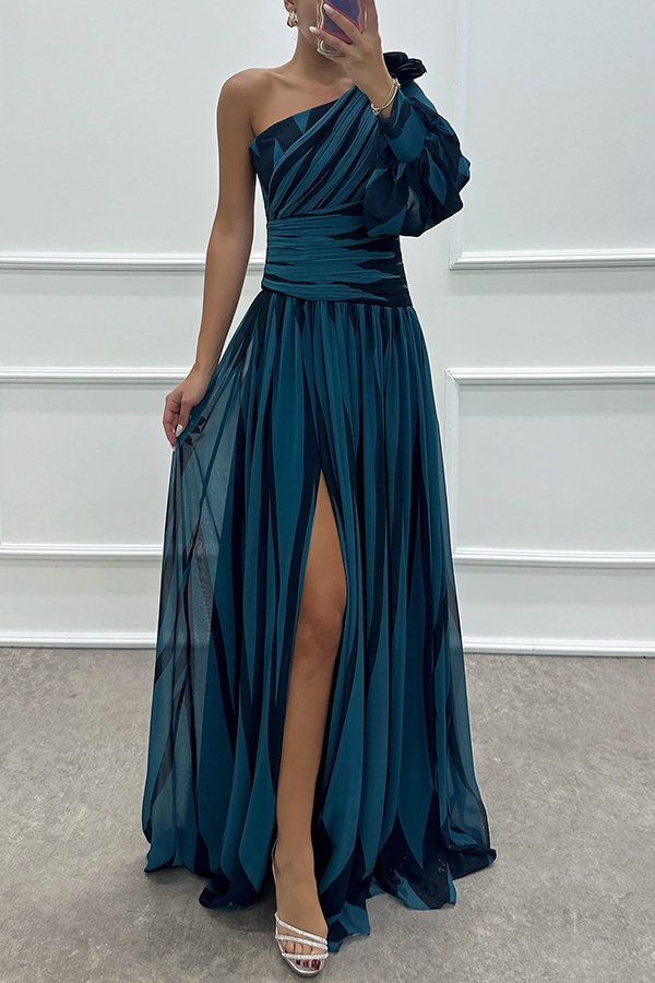Purely Charming Printed Rose Pendant One Shoulder Pleated Slit Maxi Dress | Consonak