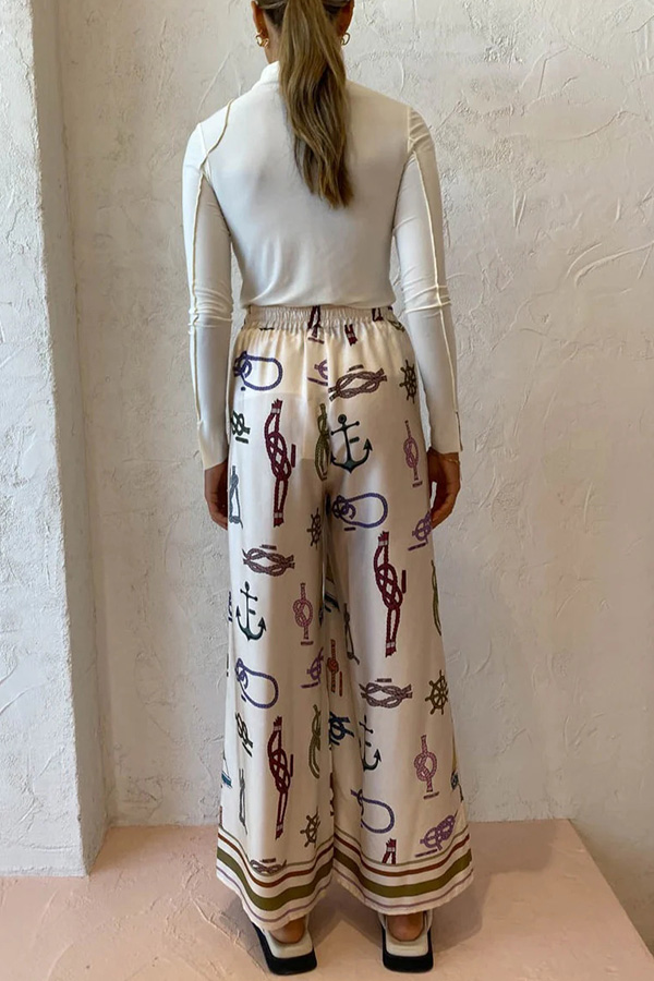 Sail Away Satin Unique Nautical Motifs Print Elastic Waist Pocketed Wide Leg Pants-consonak