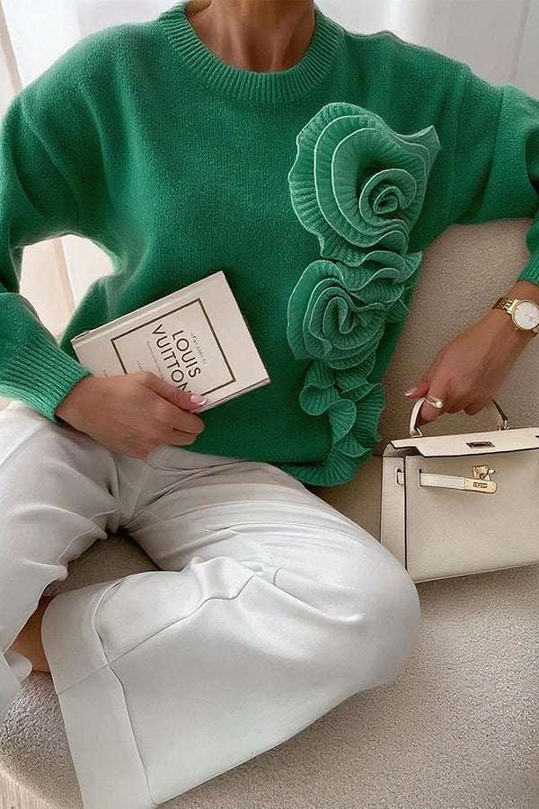 Solid Color 3D Floral Loose Long-sleeved Knit Sweater-consonak