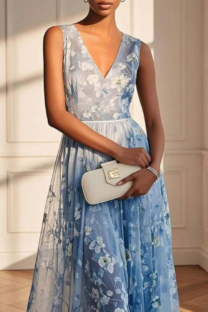 Floral Print V-Neck Sleeveless Elegant Maxi Dress-consonak