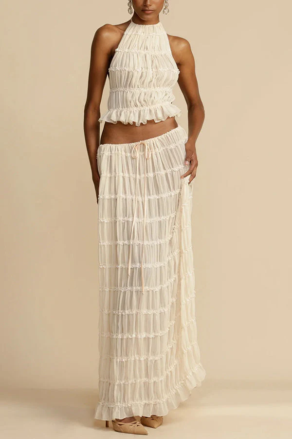 Versatile retro charm pleated drawstring waistline long skirt set | Consonak