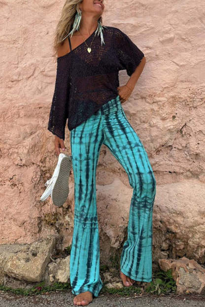 Fashionable tie dye printed pleated lace up waist elastic street bell bottom pants-consonak