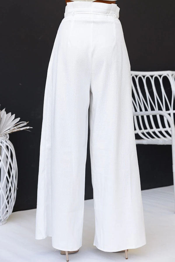 Gette Linen Blend Slit Front Top and High Rise Knoted Pocket Wide Leg Pants Set-consonak