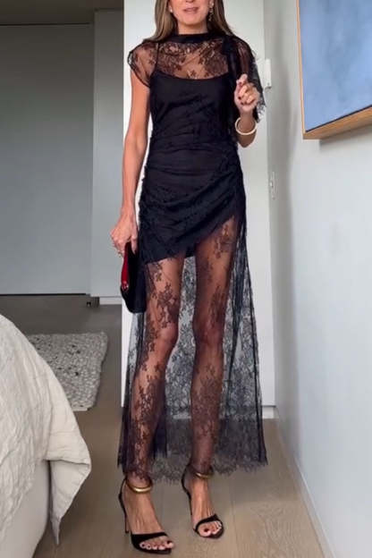 Romantic Statement Lace One Shoulder Bell Sleeve Asymmetrical Maxi Dress-consonak