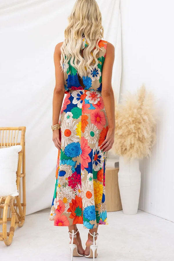 Land of Beauty Floral Print Halter Neck Elastic Waist Party Maxi Dress-consonak