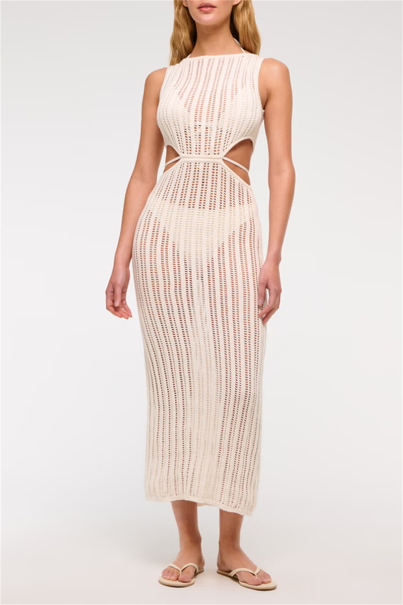 Beach Day Crochet Knit Cutout Waist Coverup Stretch Maxi Dress | Consonak