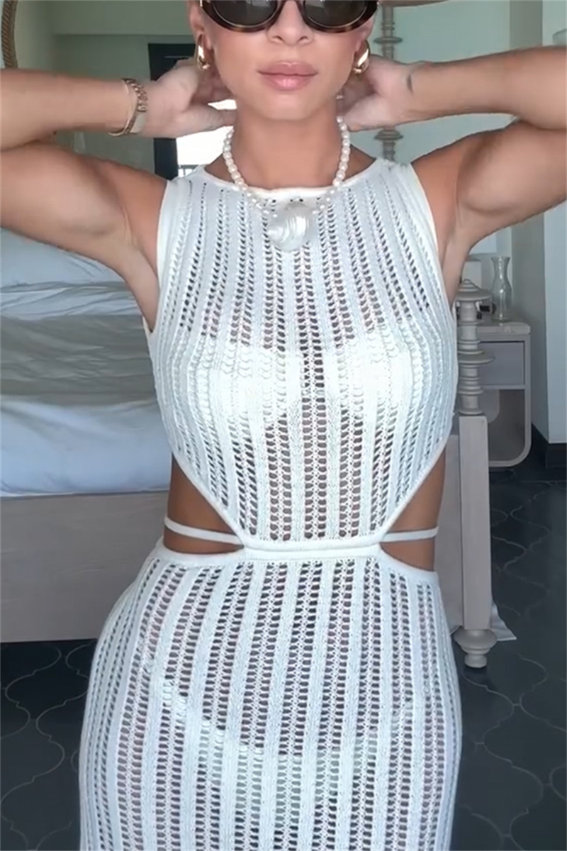 Beach Day Crochet Knit Cutout Waist Coverup Stretch Maxi Dress-consonak