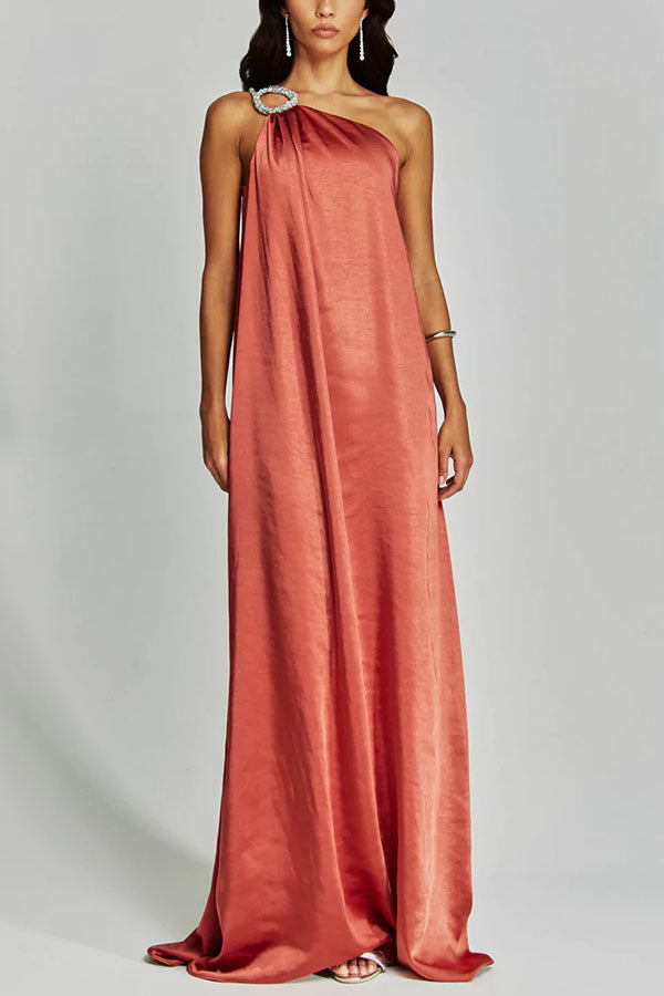 Charming Glance Satin Metal Hardware One Shoulder Loose Maxi Dress-consonak