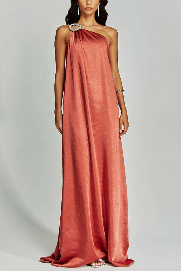 Charming Glance Satin Metal Hardware One Shoulder Loose Maxi Dress-consonak