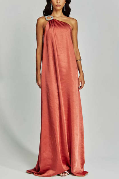 Charming Glance Satin Metal Hardware One Shoulder Loose Maxi Dress-consonak