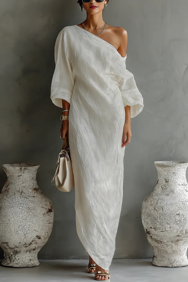 Linen Blend Loose-fitting Slanted Neck Lantern Sleeve Casual Maxi Dress