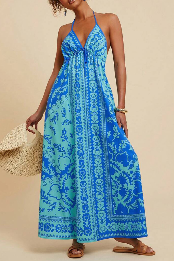 Unique Printed V-neck Backless Casual Vacation Maxi Dress