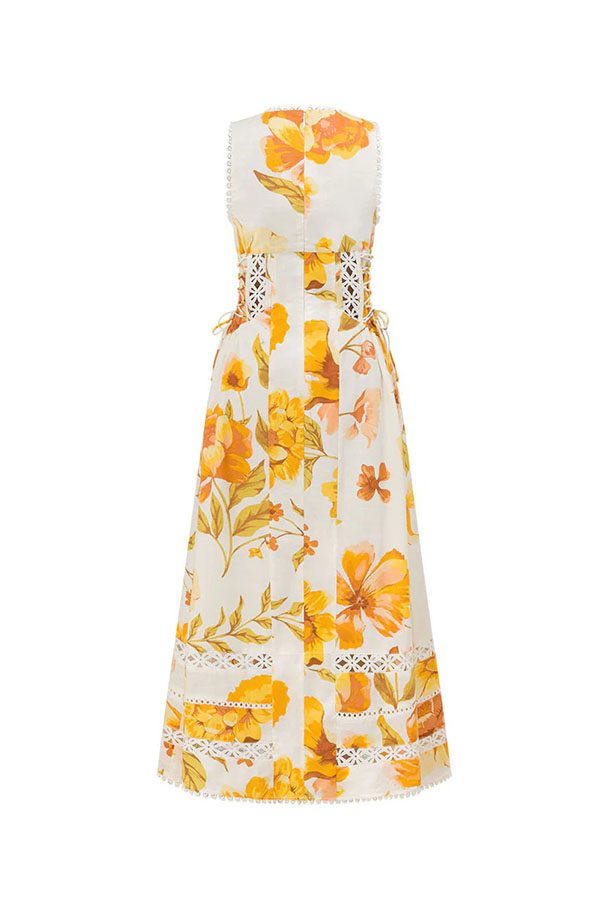 Clover Linen Blend Floral Print Cutout Trim Button Up Side Lace-up Maxi Dress-consonak