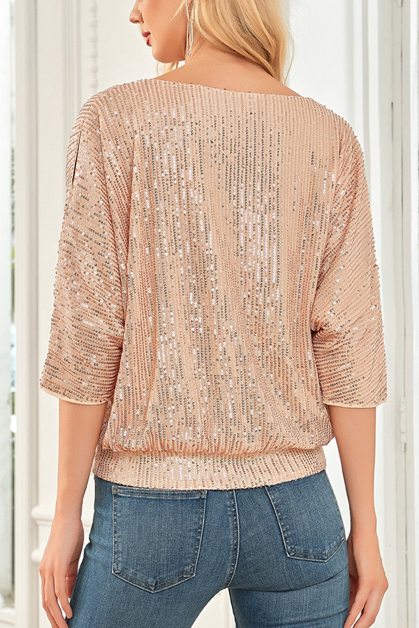 Solid Color Sequined Loose Round Neck Casual Top-consonak