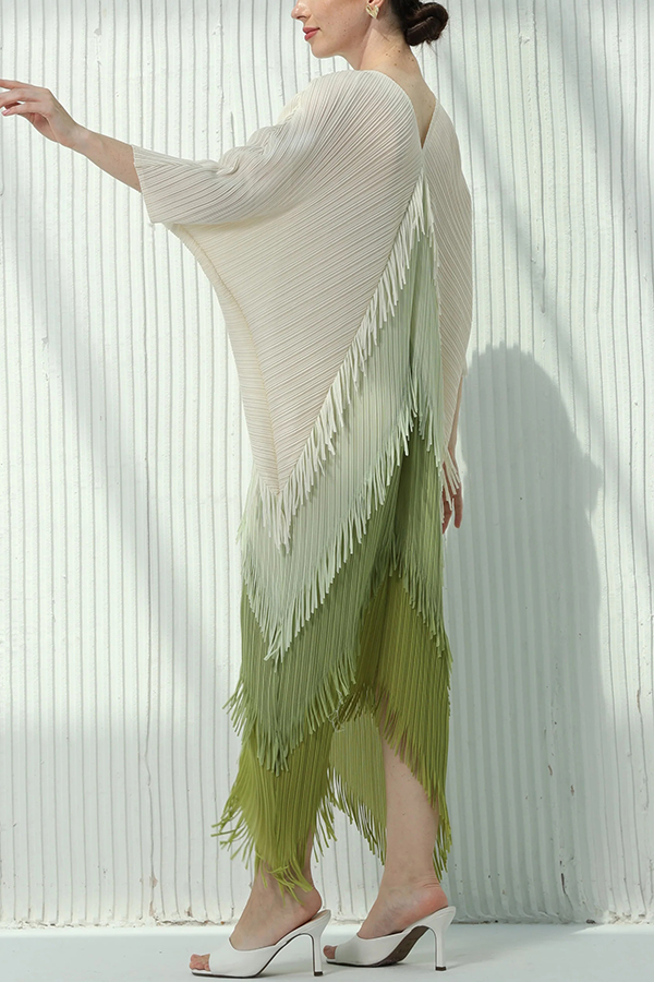 Fashionable Color-blocked Multi-layered Tassel Loose Midi Dress-consonak