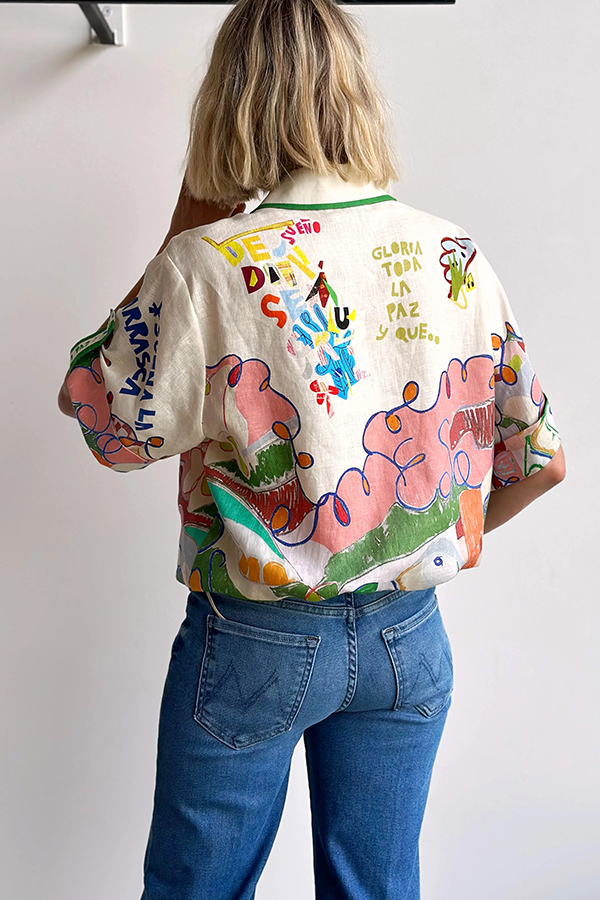 Miena Linen Blend Unique Print Short Sleeve Button Up Oversized Shirt-consonak