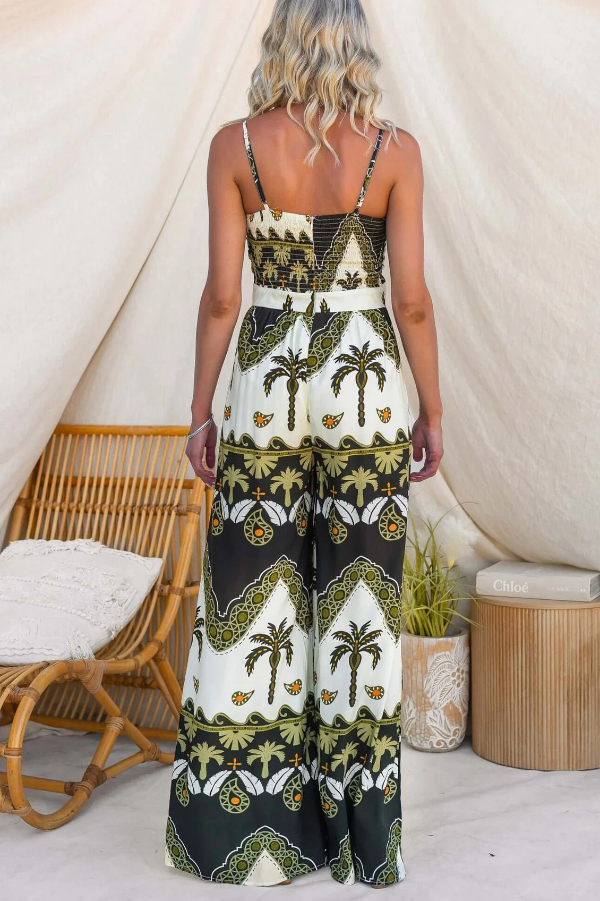 Unique Print Casual Spaghetti Strap High Waist Resort Loose Wide Leg Jumpsuit | Consonak