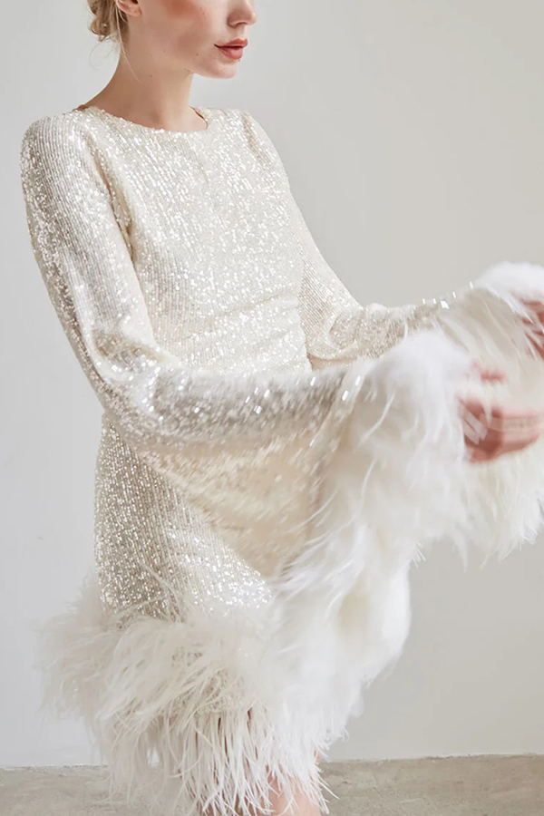Stylish Sequined Feather Long-sleeved Sexy Backless Mini Dress-consonak
