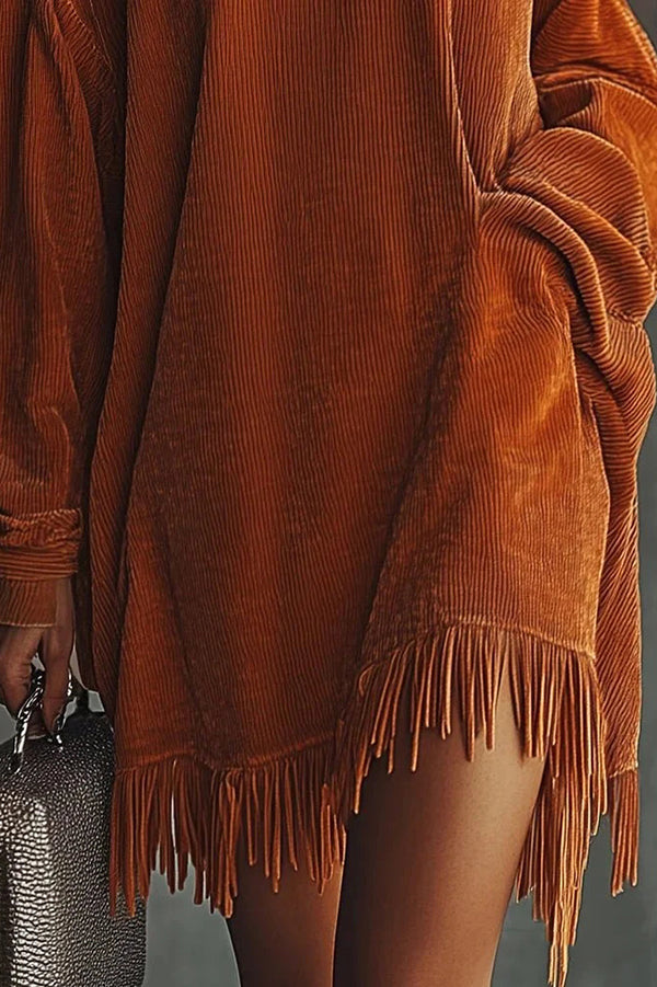 Solid Color Loose-fitting Turtleneck Long-sleeved Tassel Hem Casual Mini Dress-consonak
