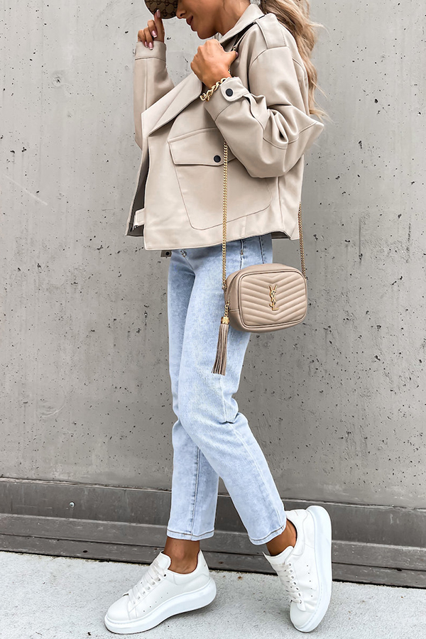 Stylish Leather Lapel Pocket British Style Cropped Jacket-consonak